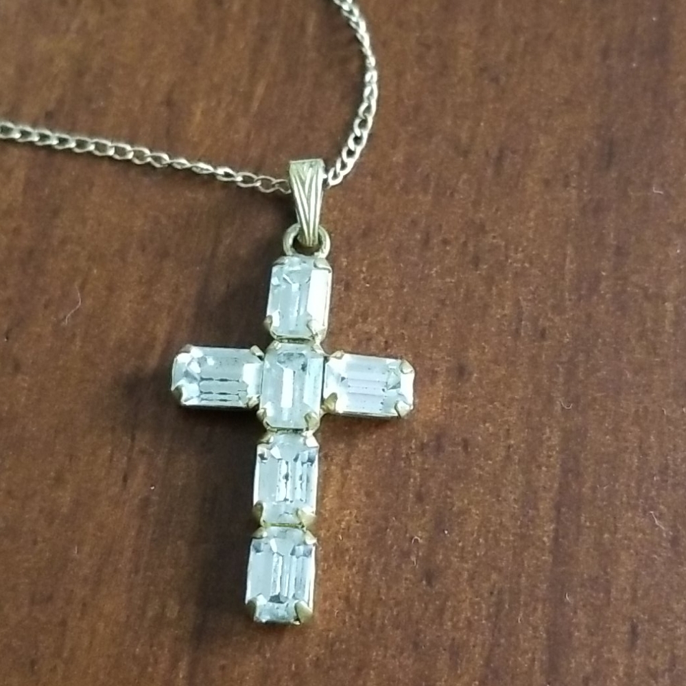 Vintage glass stone cross necklace